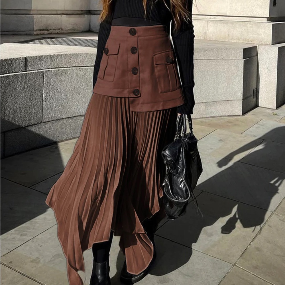 NEW! TAGGED! UNWORN! Patchwork Asymmetrical Pleated Buttoned Midi Skirt